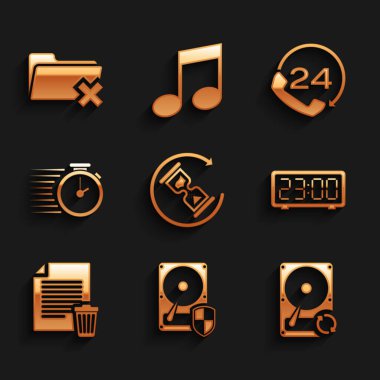 Set Waiting, Hard disk drive HDD protection, sync refresh, Digital alarm clock, Delete file document and Stopwatch icon. Vector