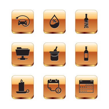 Set Electric car, Burning candle in candlestick, Calendar clock, Bottle of wine bucket, FTP folder and icon. Vector