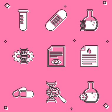 Set Test tube or flask, Bandage plaster, DNA research, search, Gene editing, Paper page with eye and Clipboard blood test icon. Vector
