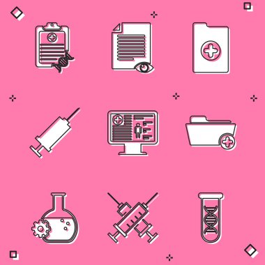 Set Clipboard with DNA analysis, Paper page eye, Clinical record, Syringe, on monitor and Health folder icon. Vector