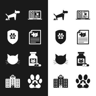 Set Medical certificate for dog or cat, Animal health insurance, Dog pooping, Clinical record on laptop, Cat and medicine bottle and pills icon. Vector