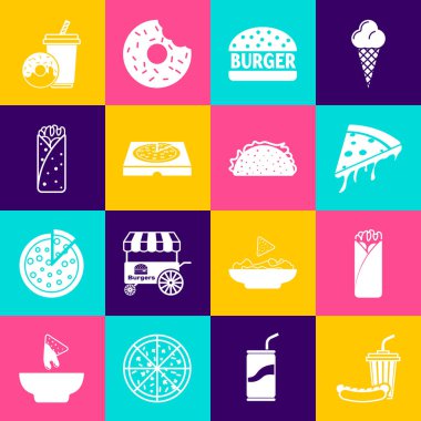 Set Soda and hotdog, Burrito, Slice of pizza, Burger, Pizza in cardboard box, drink with donut and Taco tortilla icon. Vector