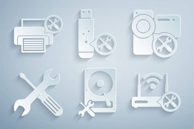 Set Hard disk drive service, Video camera, Crossed screwdriver and wrench, Router wi-fi with, USB flash and Printer icon. Vector