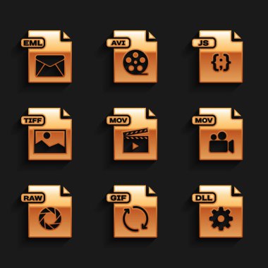Set MOV file document, GIF, DLL, RAW, TIFF, JS and EML icon. Vector