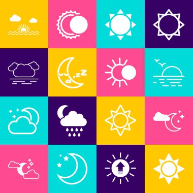 Set Sun, Cloud with moon and stars, Sunset, Moon icon,  and Eclipse of the sun icon. Vector