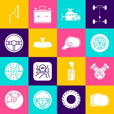 Set Car mirror, engine, wheel, Steering, Windscreen wiper and  icon. Vector