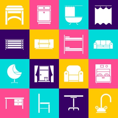 Set Water tap, Kitchen dishwasher machine, Sofa, Bathtub with shower curtain, TV table stand, Chest drawers, Chair and Bunk bed icon. Vector