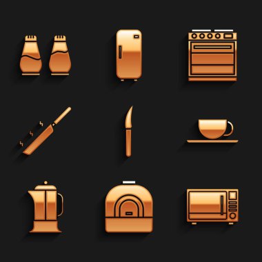 Set Knife, Oven, Microwave oven, Coffee cup, French press, Frying pan,  and Salt and pepper icon. Vector