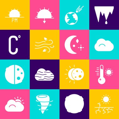 Set Drought, Meteorology thermometer, Cloud, Comet falling down fast, Wind, Celsius, Sunset and Moon and stars icon. Vector