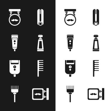 Set Cream or lotion cosmetic tube, Electrical hair clipper shaver, Barbershop, Curling iron for, razor blade men, Hairbrush,  and  icon. Vector