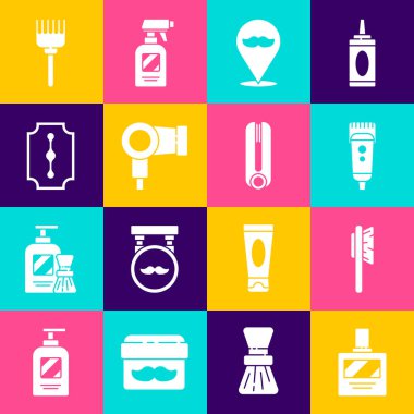 Set Aftershave, Hairbrush, Electrical hair clipper or shaver, Barbershop, dryer, Blade razor,  and Curling iron for icon. Vector