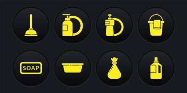 Set Bar of soap, Bucket with rag, Plastic basin, Garbage bag, Dishwashing liquid bottle and plate, Fabric softener and Rubber plunger icon. Vector