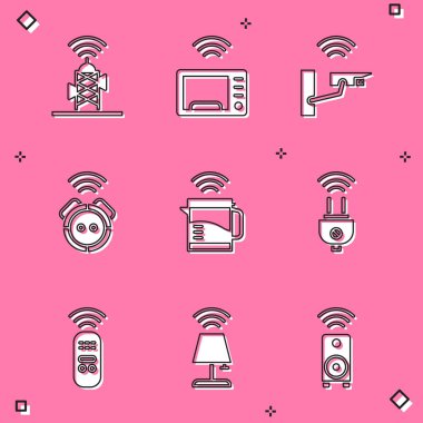 Set Wireless antenna, Smart microwave oven, security camera, Robot vacuum cleaner, electric kettle, plug, remote control and table lamp icon. Vector