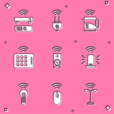 Set Wireless TV box receiver, Smart electric plug, kettle, tablet, stereo speaker, flasher siren, light bulb and mouse icon. Vector