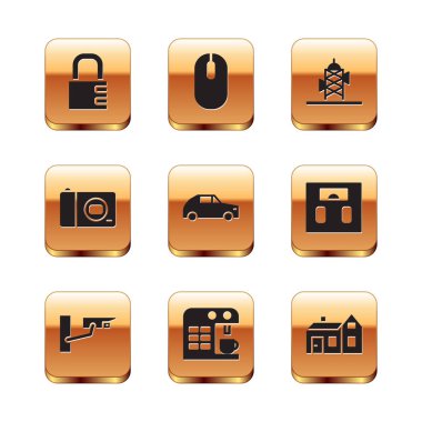 Set Safe combination lock, Security camera, Coffee machine, Car, Photo, Antenna, House and Computer mouse icon. Vector