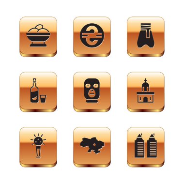 Set Varenyky in a bowl Mace Map of Ukraine Thief mask Vodka with pepper and glass Cossack pants Two towers Dnipro and Ukrainian hryvnia icon. Vector.