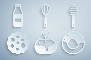 Set Apple in caramel Honey dipper stick Cookie or biscuit Donut Kitchen whisk and Bottle with milk icon. Vector.