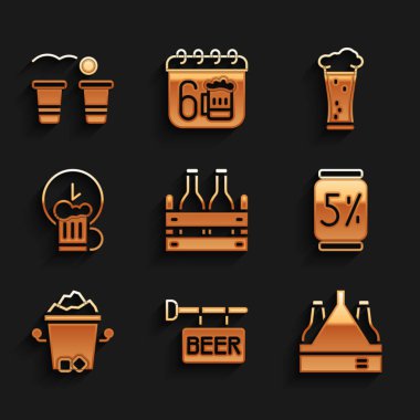 Set Pack of beer bottles Street signboard with Beer can Ice bucket Happy hour Glass and pong game icon. Vector.