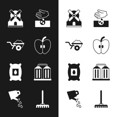 Set Apple Wheelbarrow with dirt Windmill Seeds Pack full of seeds of plant Granary Garden rake and Watering can icon. Vector.
