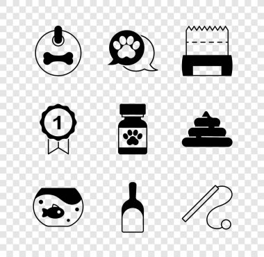 Set Dog collar Paw print shit bag Aquarium with fish Dustpan Pet cat toy award symbol and Medicine bottle and pills icon. Vector.