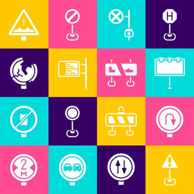 Set Exclamation mark in triangle Turn back road sign Billboard with lights Stop camera ublic transport Road traffic Uneven ahead and icon. Vector.