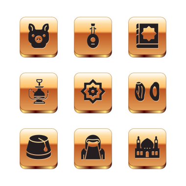 Set Pig Turkish hat Muslim woman in niqab Octagonal star Hookah Holy book of Koran Mosque and Lute icon. Vector.