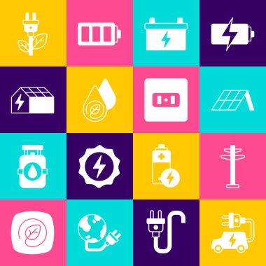 Set Electric car tower Solar energy panel Car battery Water saving plug in leaf and Electrical outlet icon. Vector.