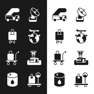 Set Globe with flying plane Suitcase Passenger ladder Radar Trolley baggage Airport control tower Scale suitcase and Barrel oil icon. Vector.