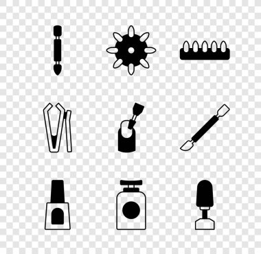 Set Cuticle pusher False nails Bottle of polish Tube hand cream Milling cutter for manicure Nail and icon. Vector.