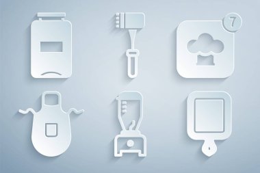 Set Blender Chef hat Kitchen apron Cutting board hammer and Jam jar icon. Vector.