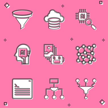 Set Funnel or filter Cloud database Processor CPU Humanoid robot Artificial intelligence Neural network Web developer programming code and Algorithm icon. Vector.