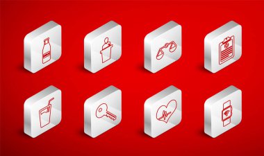 Set line Smartwatch with wireless Speaker Scales of justice Clinical record Heart rate Glass bottle milk and cap Key and water icon. Vector.