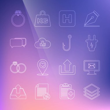 Set line Layers Monitor and envelope Electric plug Hospital Cloud download Chat Diamond engagement ring and Fishing hook icon. Vector.