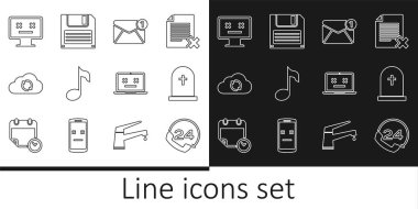 Set line Telephone 24 hours support Tombstone with cross New email incoming message Music note Cloud sync refresh Dead monitor laptop and Floppy disk icon. Vector.