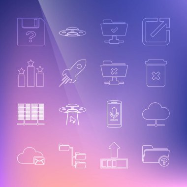 Set line Unknown directory Network cloud connection Trash can FTP operation successful Rocket ship with fire Ranking star document and cancel icon. Vector.