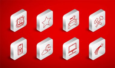 Set line Falling star Star Car rental Two crossed hammers Computer network Police badge Cloud with moon and stars and Mobile recording icon. Vector.