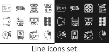 Set line Brain as digital circuit board Mining farm ASIC Miner Smart contract Cryptocurrency wallet bitcoin with and icon. Vector.