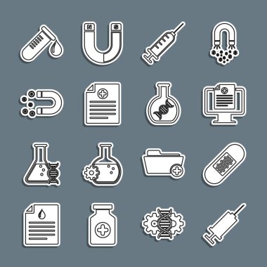 Set line Syringe Bandage plaster Clinical record on monitor Magnet with money Test tube drop of blood and DNA research search icon. Vector.