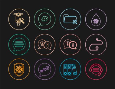 Set line Headphones with speech bubble chat Route location Folder service Question and Exclamation Speech Scooter and Hashtag icon. Vector.