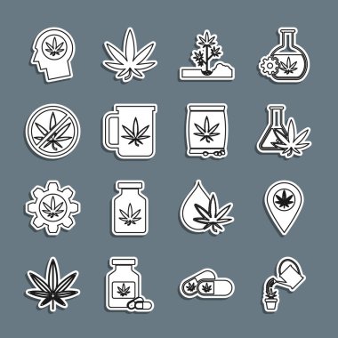 Set line Watering can marijuana Location and Test tube with Planting Cup tea Stop Head profile and Marijuana or cannabis seeds icon. Vector.