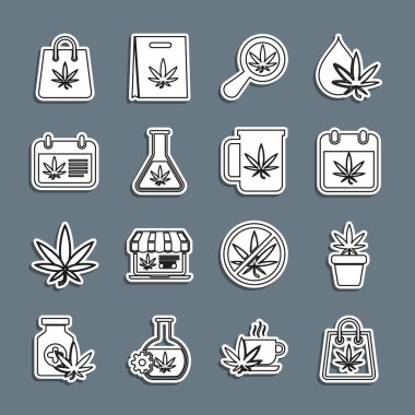 Set line Shopping bag of marijuana Marijuana plant pot Calendar and Magnifying glass Test tube with and Cup tea icon. Vector.