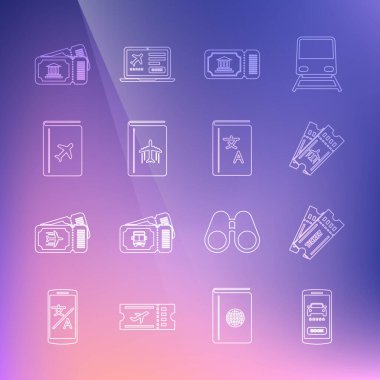 Set line Online car sharing Ticket Airline ticket Museum Cover book travel guide and Translator icon. Vector.