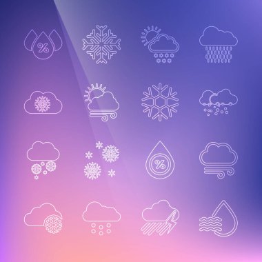 Set line Water drop percentage Windy weather Cloud with snow and sun and Snowflake icon. Vector.