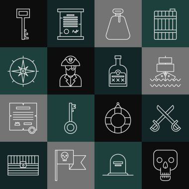 Set line Skull Crossed pirate swords Ship Pirate sack captain Wind rose key and Alcohol drink Rum bottle icon. Vector.