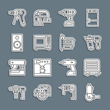 Set line Angle grinder Electric heater Nail gun cordless screwdriver Microwave oven Stereo speaker hot glue and construction stapler icon. Vector.