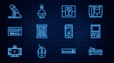 Set line Video game console Retro arcade machine Mystery or random box Game guide Create account screen Microphone Mobile playing and Bottle with magic elixir icon. Vector.