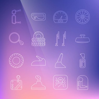 Set line Gear shifter Car mirror Speedometer tire Truck side and Windscreen wiper icon. Vector.