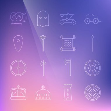 Set line Old wooden wheel Round shield Medieval spear Catapult shooting stones chained mace ball Shield Cup from the skull and Decree parchment scroll icon. Vector.