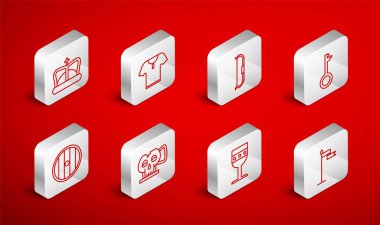 Set line Medieval flag Body armor bow Old key goblet King crown Cup from the skull and Round wooden shield icon. Vector.