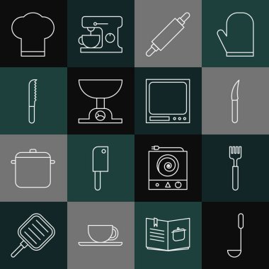 Set line Kitchen ladle Fork Knife Rolling pin Electronic scales Bread knife Chef hat and icon. Vector.